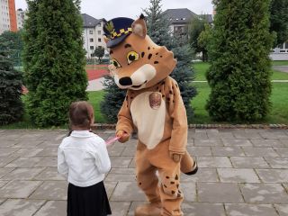 Maskotka Straży Miejskiej w Katowicach RYŚ  wręcza dziewczynce odblaskową opaskę