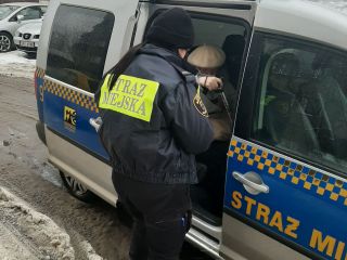 Strażniczka miejska pomaga seniorce wysiąść z radiowozu